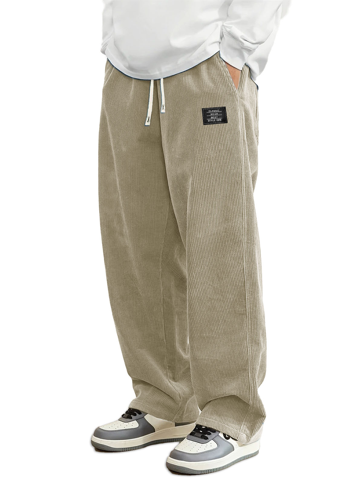 Men's Daily Casual Pit Strip Corduroy Fabric Embroidery Logo Tether Loose Elastic Waist Pocket Pants