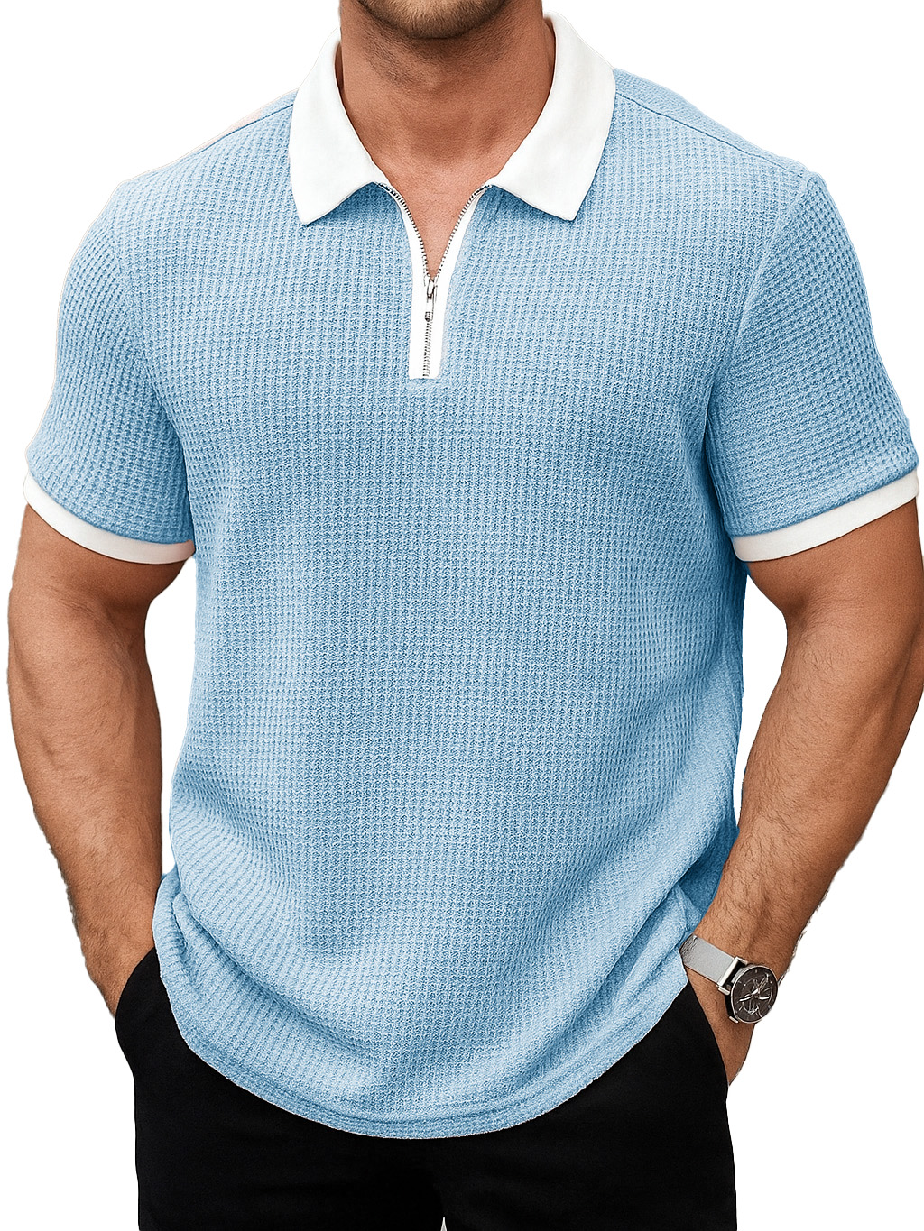 Men's Daily Casual Patchwork Waffle Fabric Lapel Short-sleeved Polo Shirt 