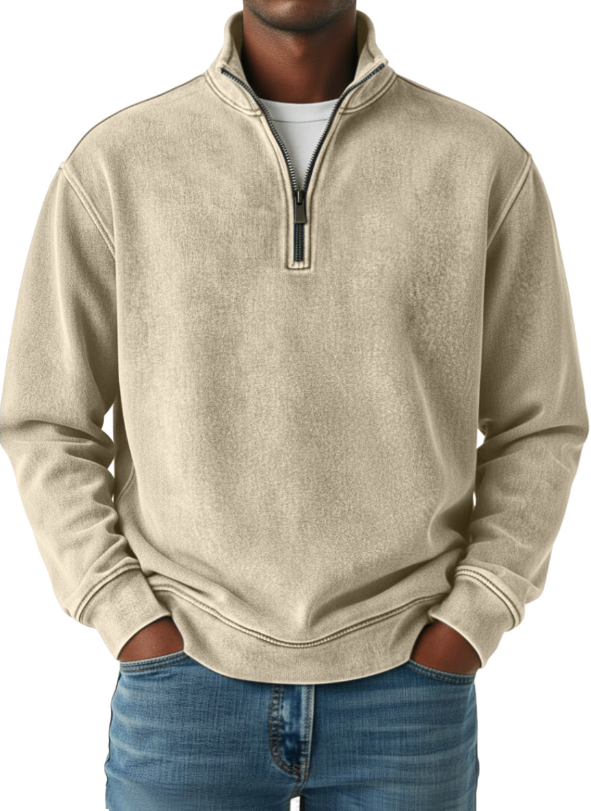Men's Retro Solid Color Quarter Zip Long Sleeve Polo Shirt