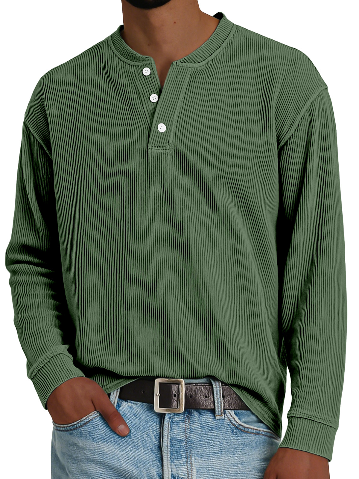 Men's Simple Loose Vertical Pit Strip Long-sleeved Henley Shirt