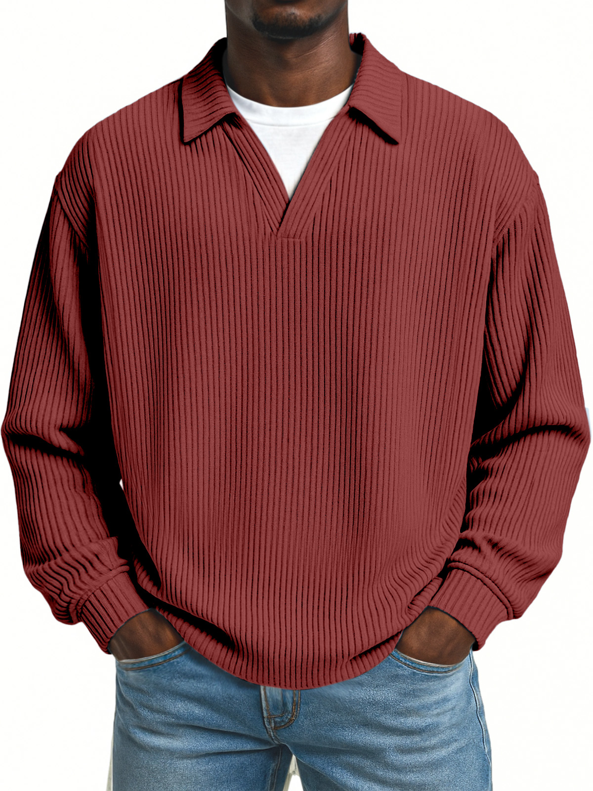 Men's Simple Loose Pit Striped Fake Two-piece Lapel Long-sleeved Polo Shirt