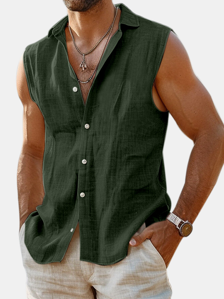 Men's Summer Daily Solid Color Imitation Linen Sleeveless Comfortable Shirt