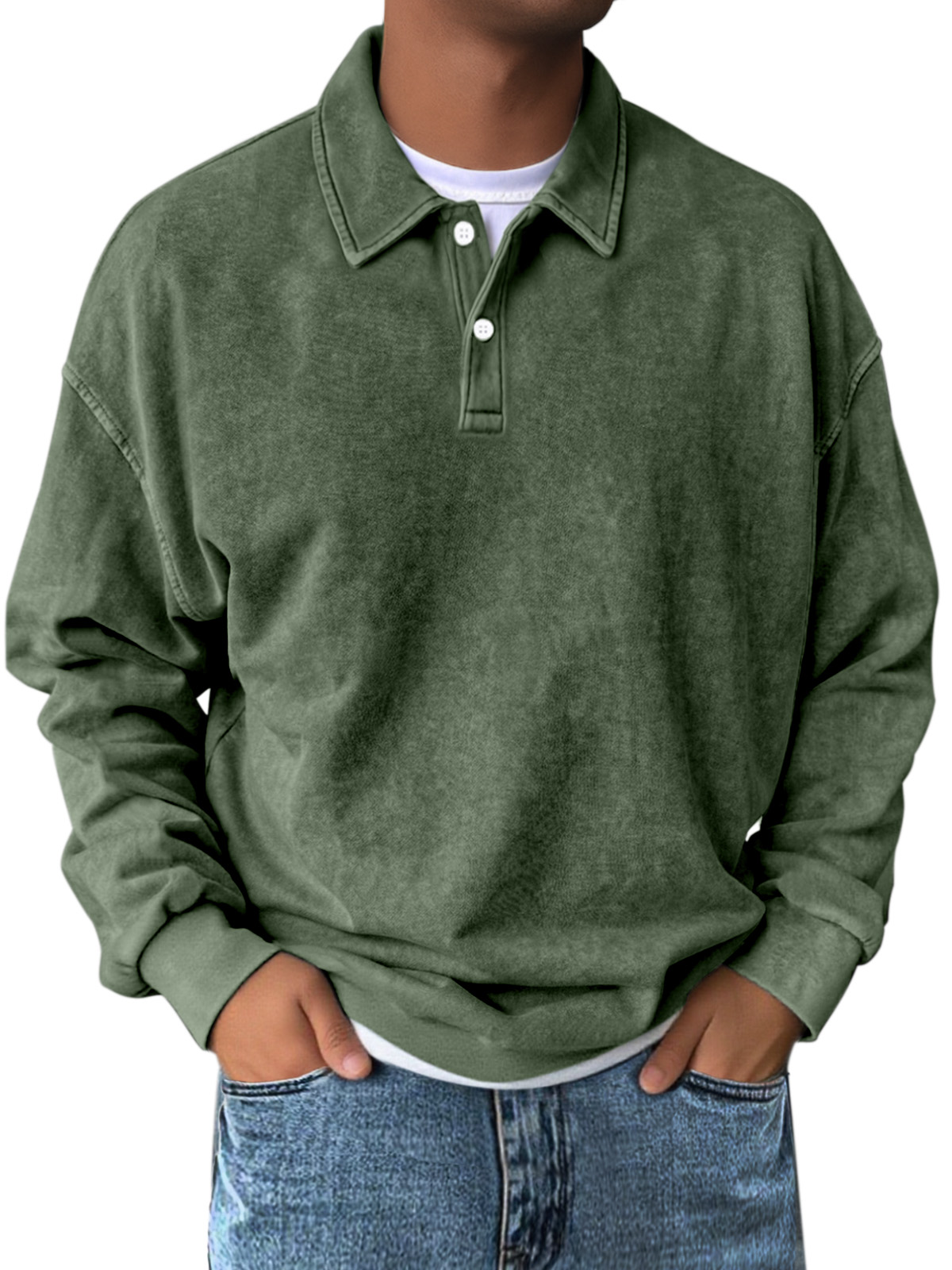 Men's Retro Simple Solid Color Lapel Button Long Sleeve Sweatshirt
