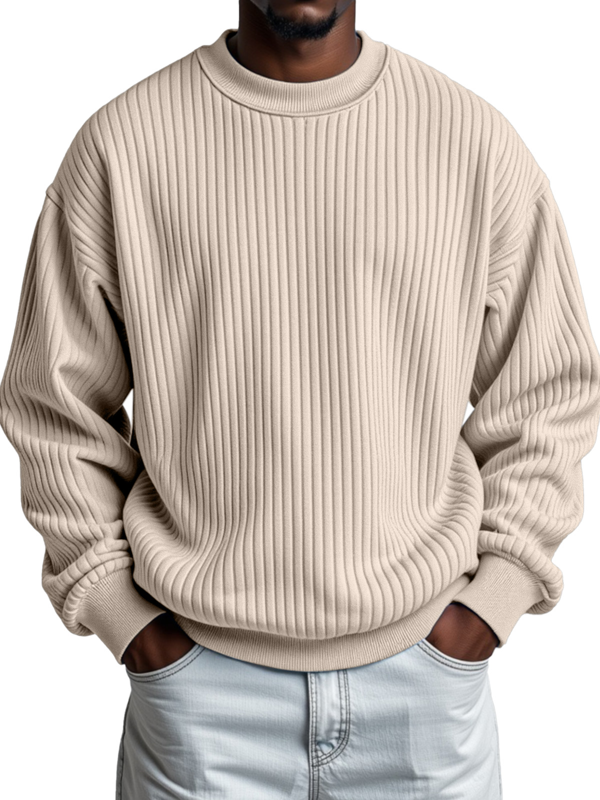 Men's Solid Color Quilted Vertical Pit Strip Round Neck Sweatshirt