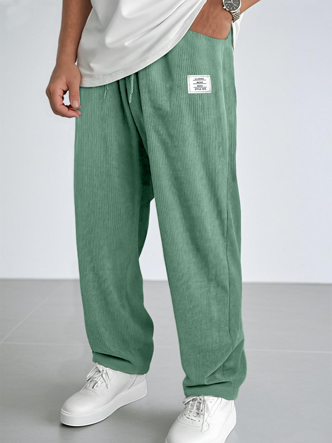 Men's Everyday Corduroy Embroidered Logo Casual Elastic Waist Comfort Trousers