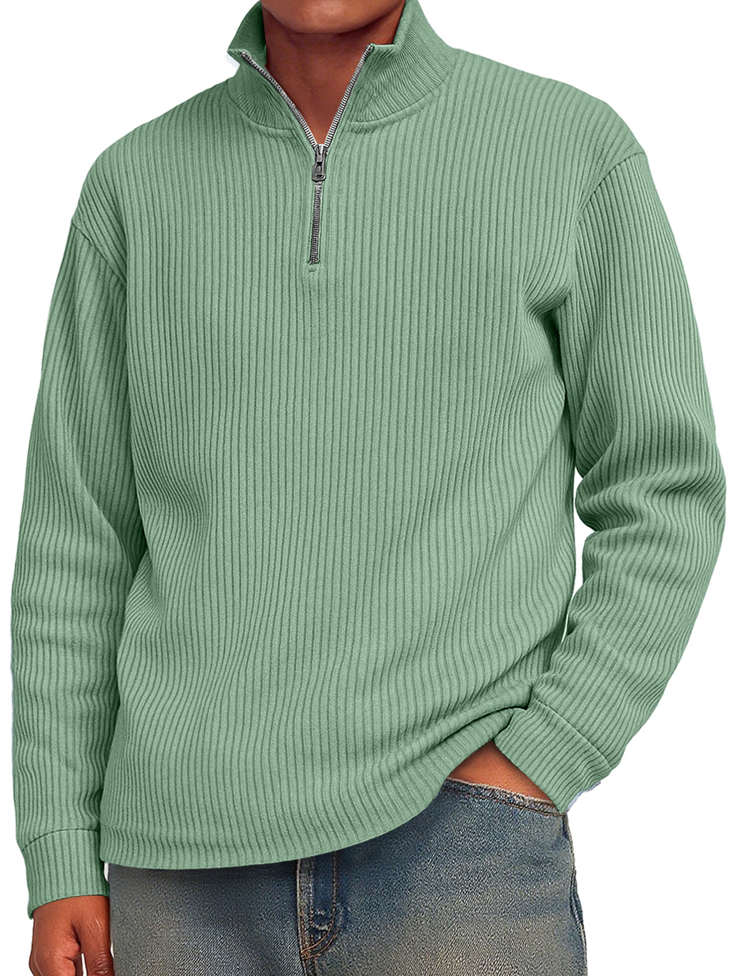 Men's Fashion Striped Stand Collar Zipper Casual Long Sleeve T-shirt