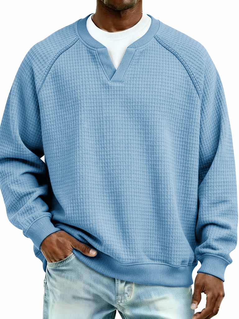 Men's Fashion Waffle Fabric Raglan V-Neck Faux Two-Piece Long-Sleeve T-Shirt