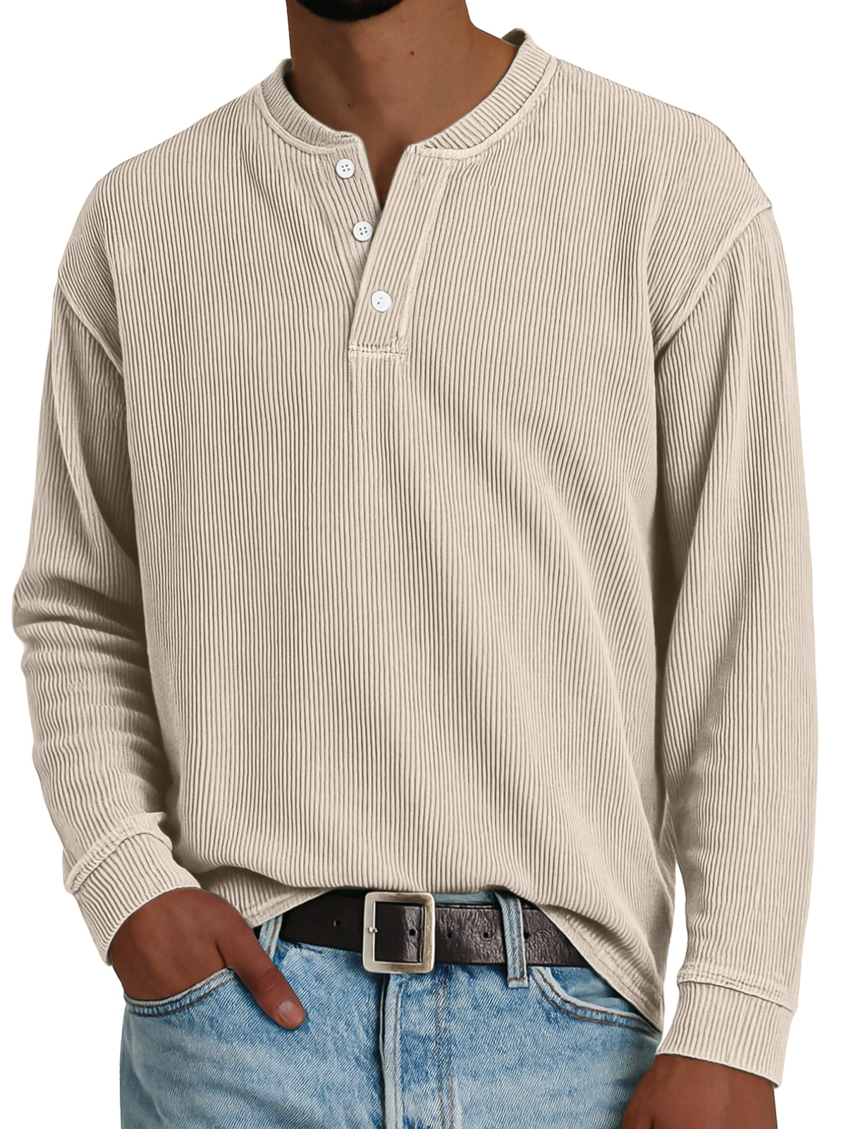 Men's Simple Loose Vertical Pit Strip Long-sleeved Henley Shirt