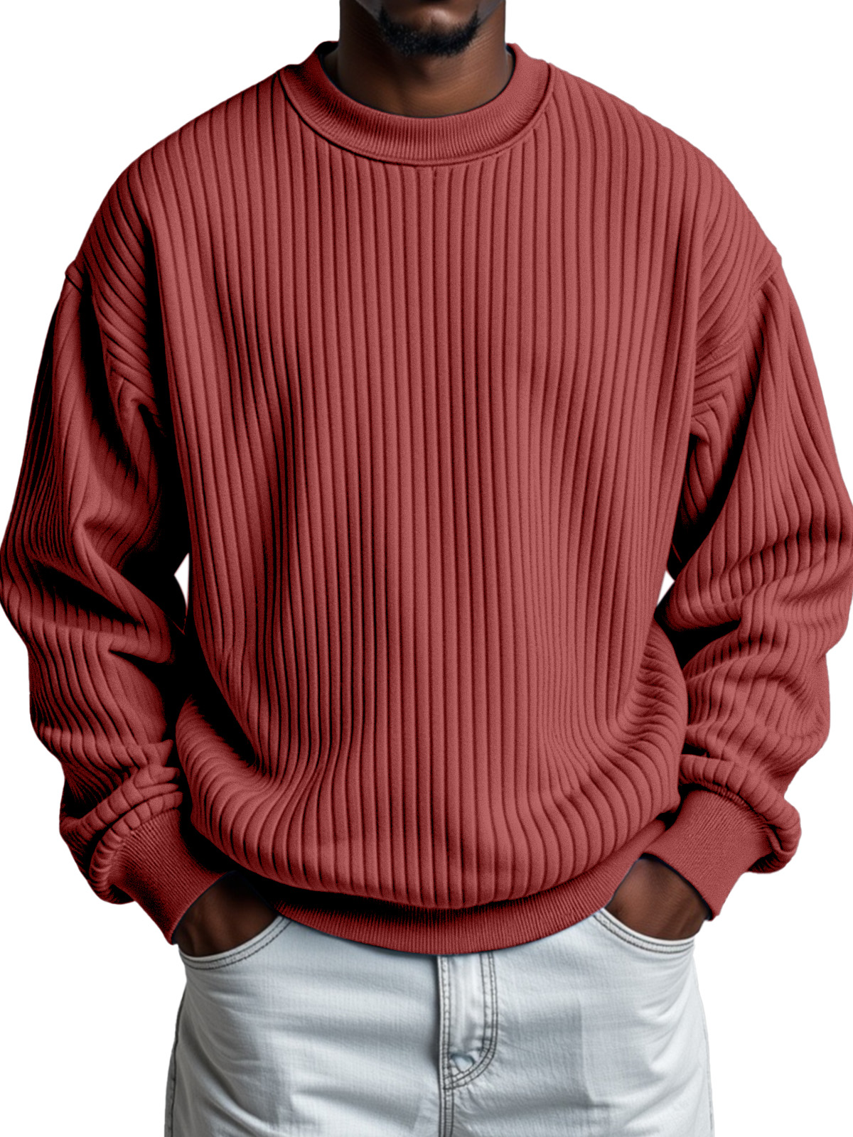Men's Solid Color Quilted Vertical Pit Strip Round Neck Sweatshirt