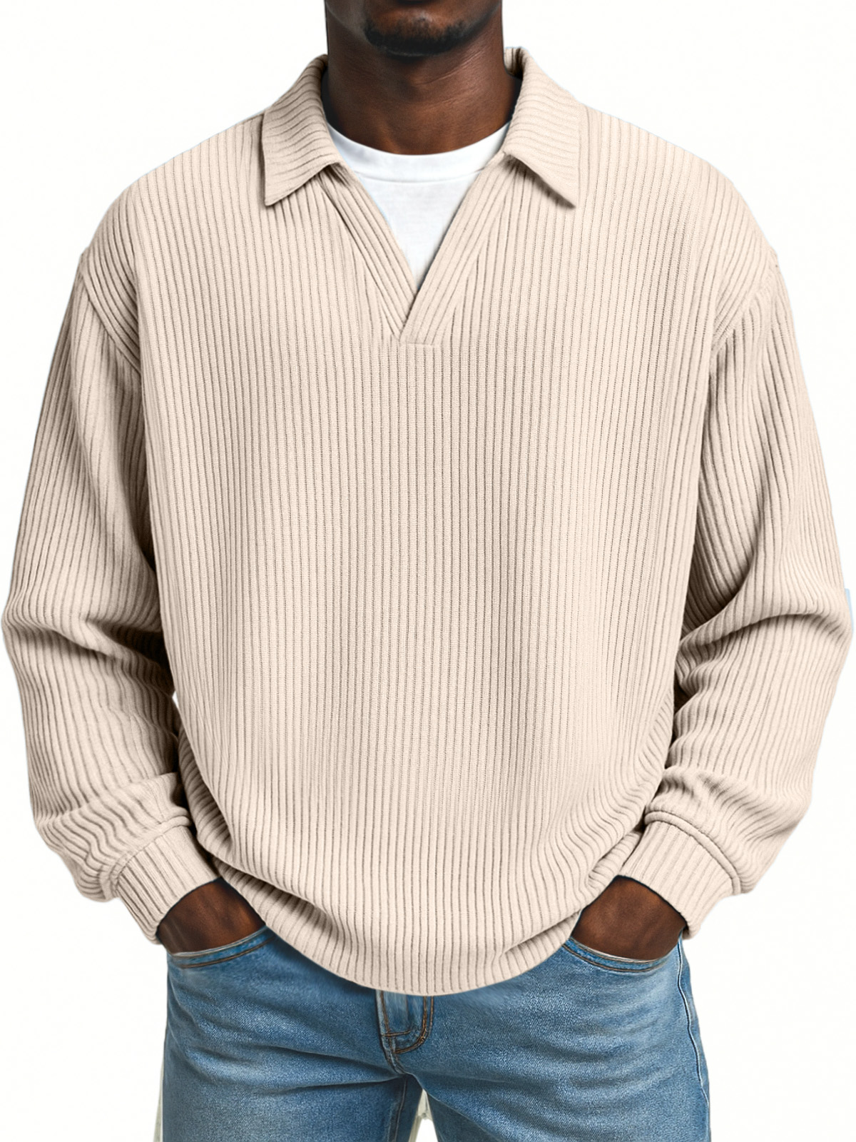 Men's Simple Loose Pit Striped Fake Two-piece Lapel Long-sleeved Polo Shirt