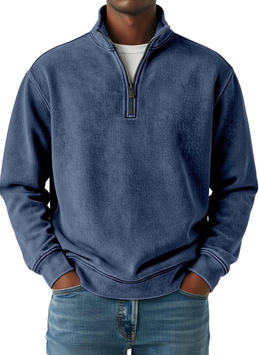 Men's Retro Solid Color Quarter Zip Long Sleeve Polo Shirt