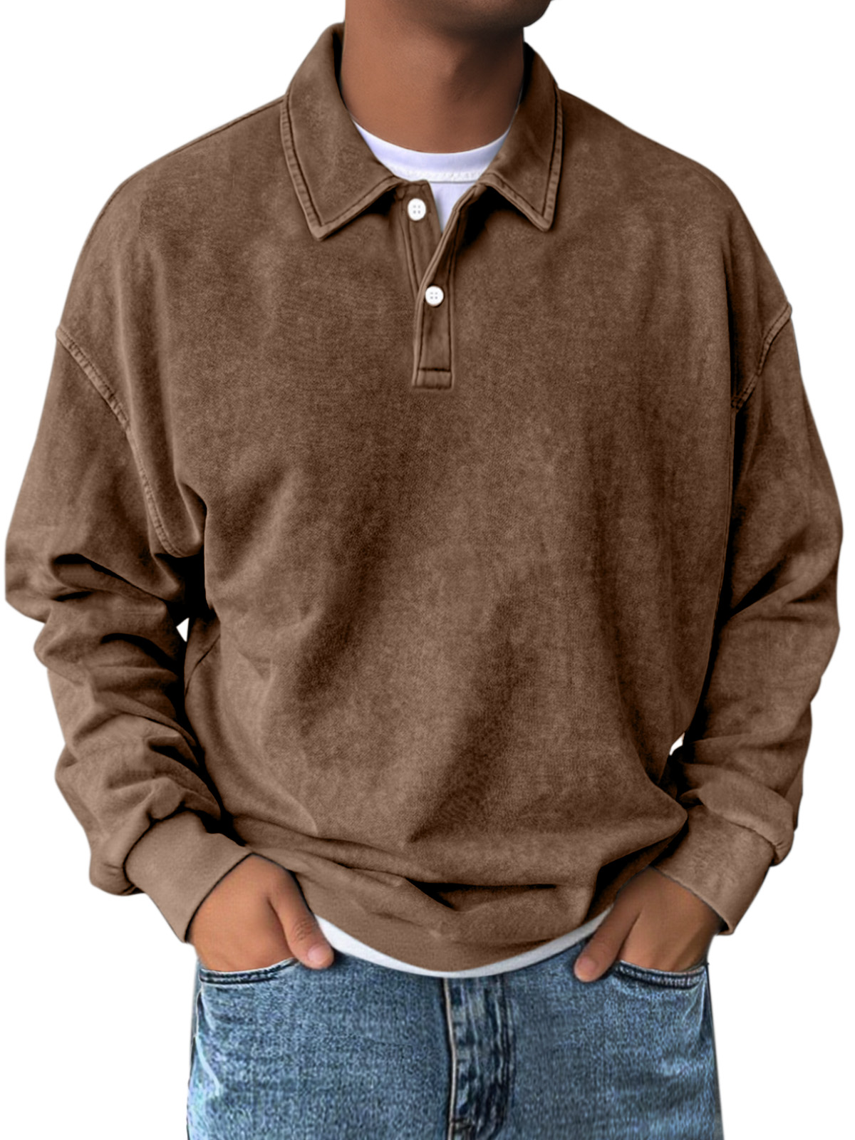 Men's Retro Simple Solid Color Lapel Button Long Sleeve Sweatshirt