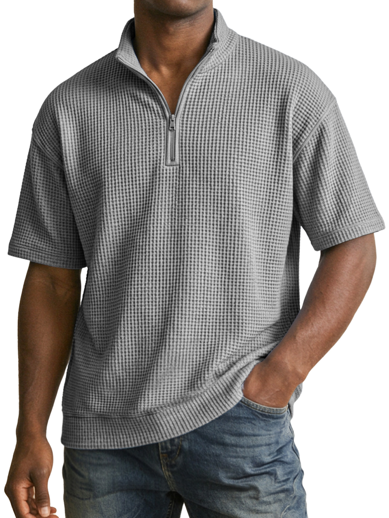 Men's Waffle Collar Zipper Casual Short-Sleeve T-Shirt