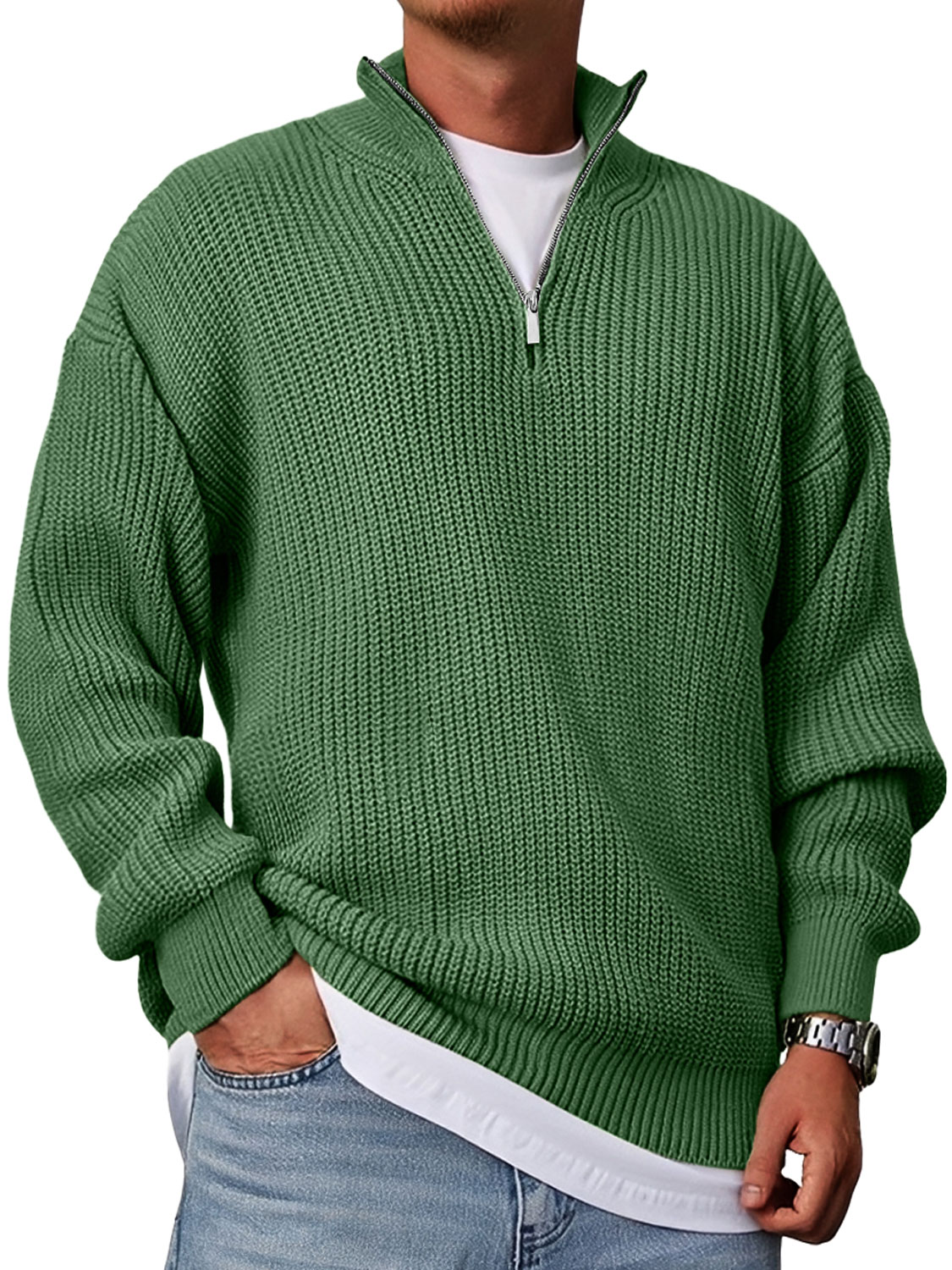 Men's Casual Fashion Loose Stand Collar Zipper Solid Color Sweater