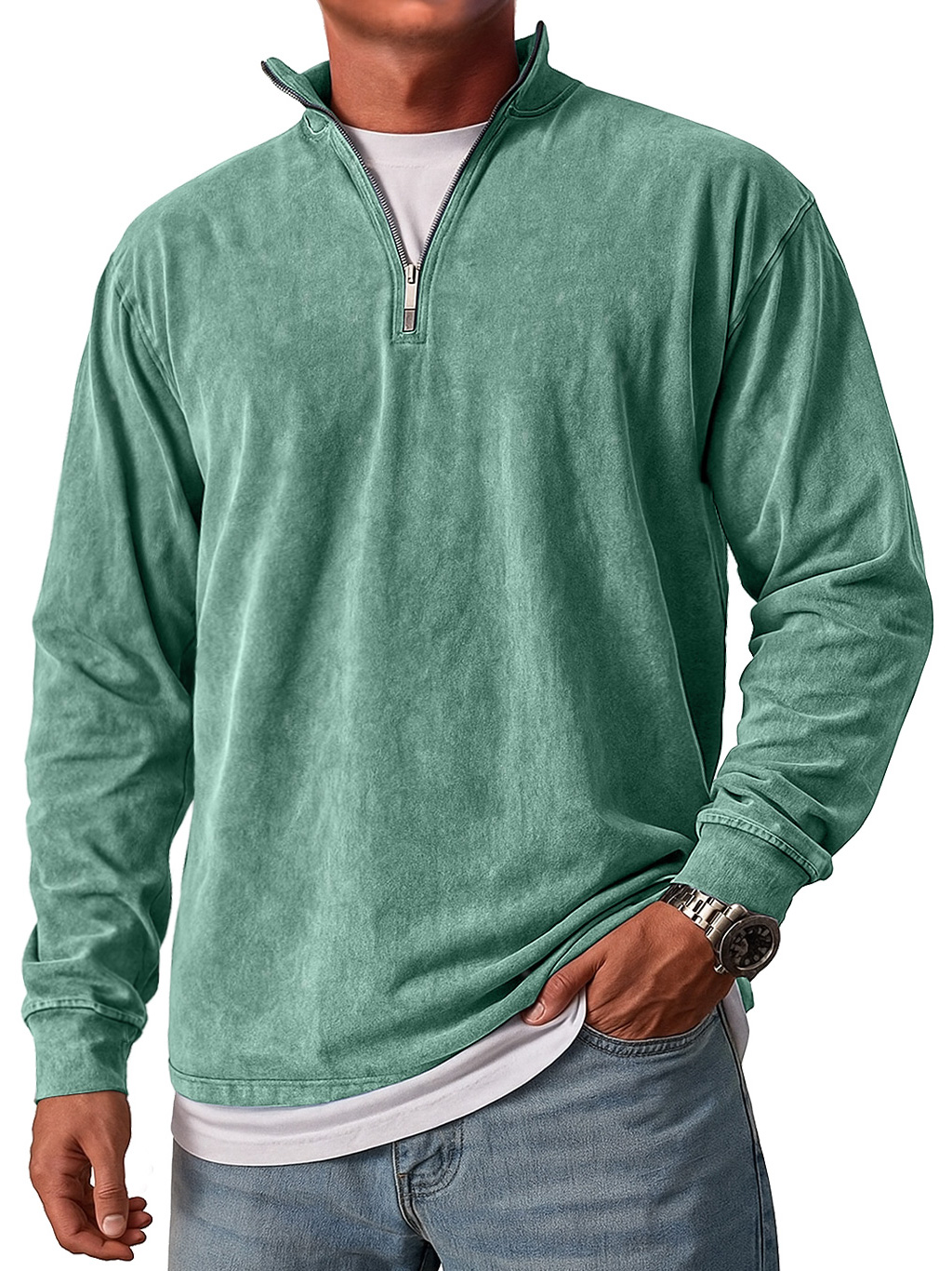 Men's Retro Stand Collar Zipper Casual Loose Solid Color Long Sleeve T-shirt
