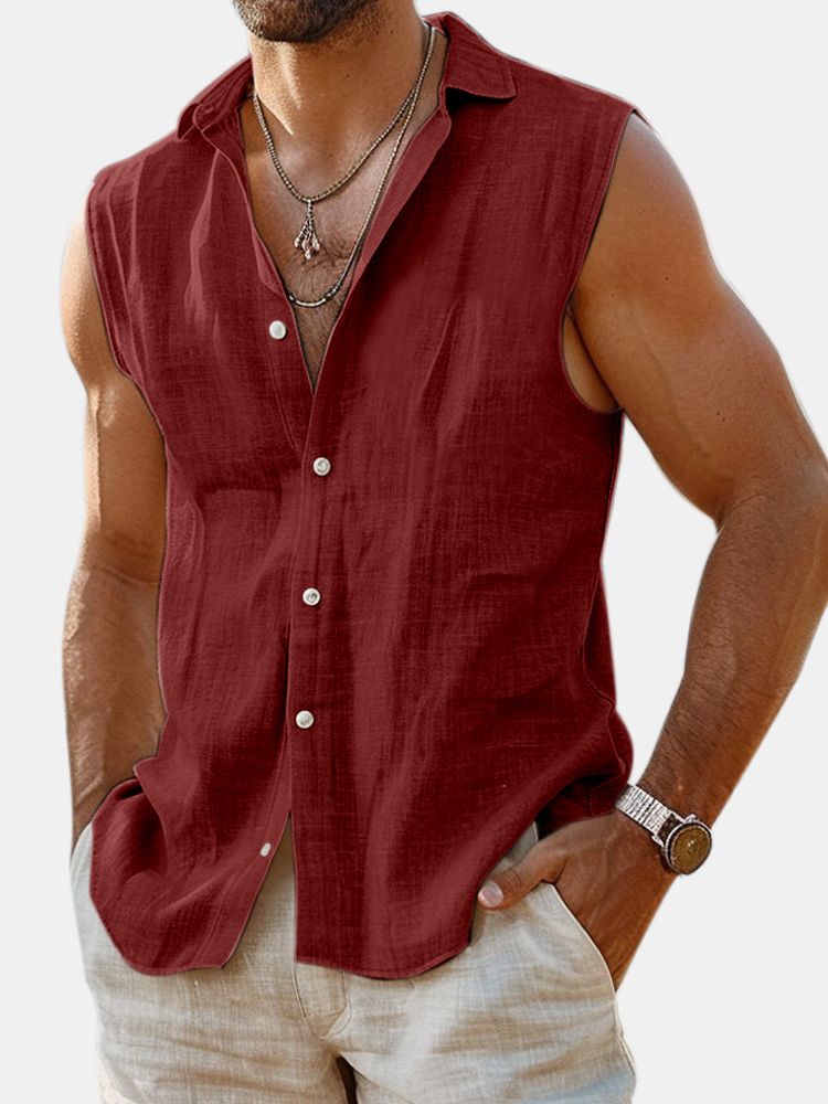 Men's Summer Daily Solid Color Imitation Linen Sleeveless Comfortable Shirt