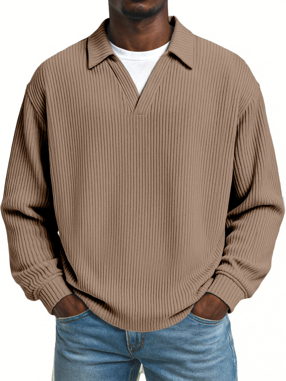 Men's Simple Loose Pit Striped Fake Two-piece Lapel Long-sleeved Polo Shirt