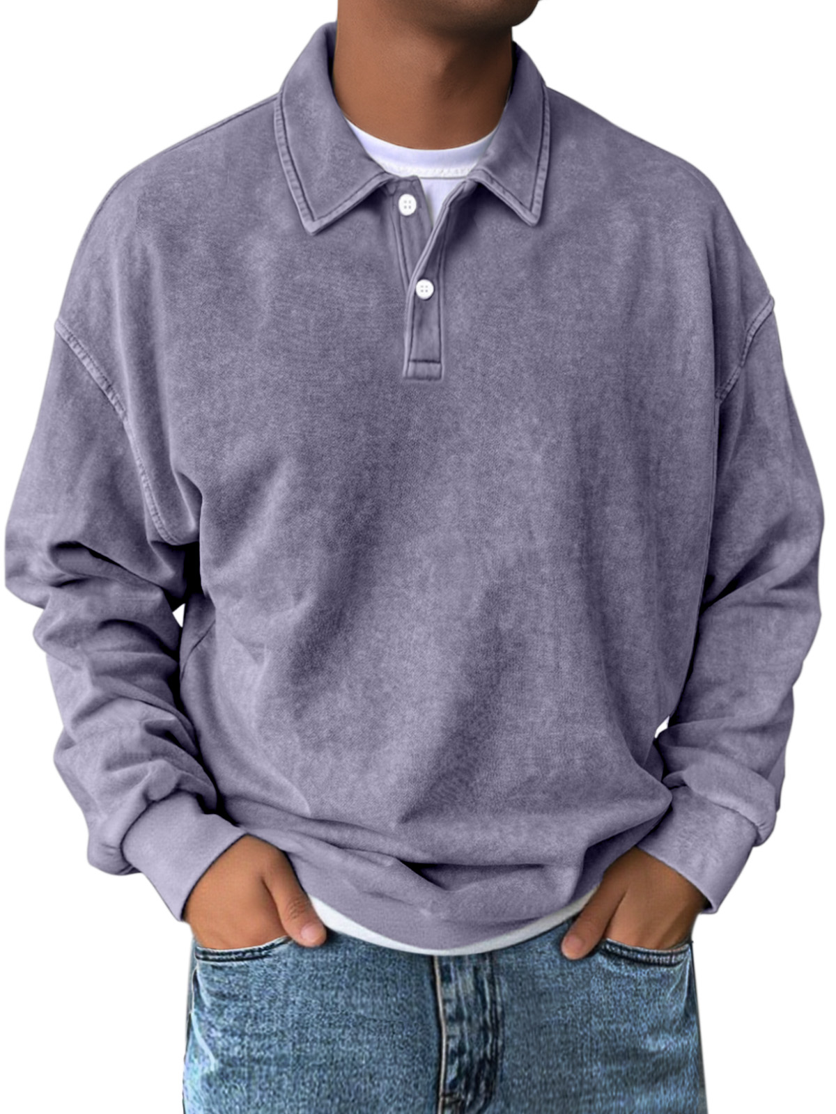 Men's Retro Simple Solid Color Lapel Button Long Sleeve Sweatshirt