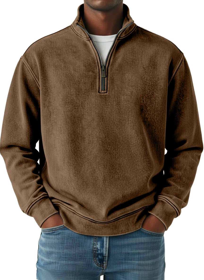 Men's Retro Solid Color Quarter Zip Long Sleeve Polo Shirt