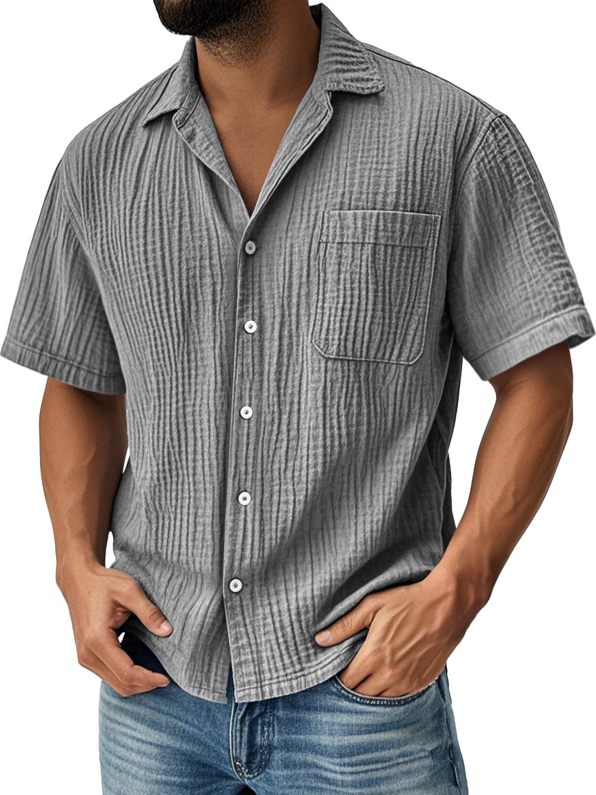 Men's Daily Pleated Pocket Casual Solid Color Short Sleeve Shirt