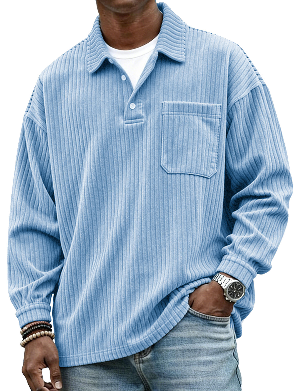  Stylish Casual Loose Corduroy Fabric Lapel Pockets Long-sleeved Polo Shirt 