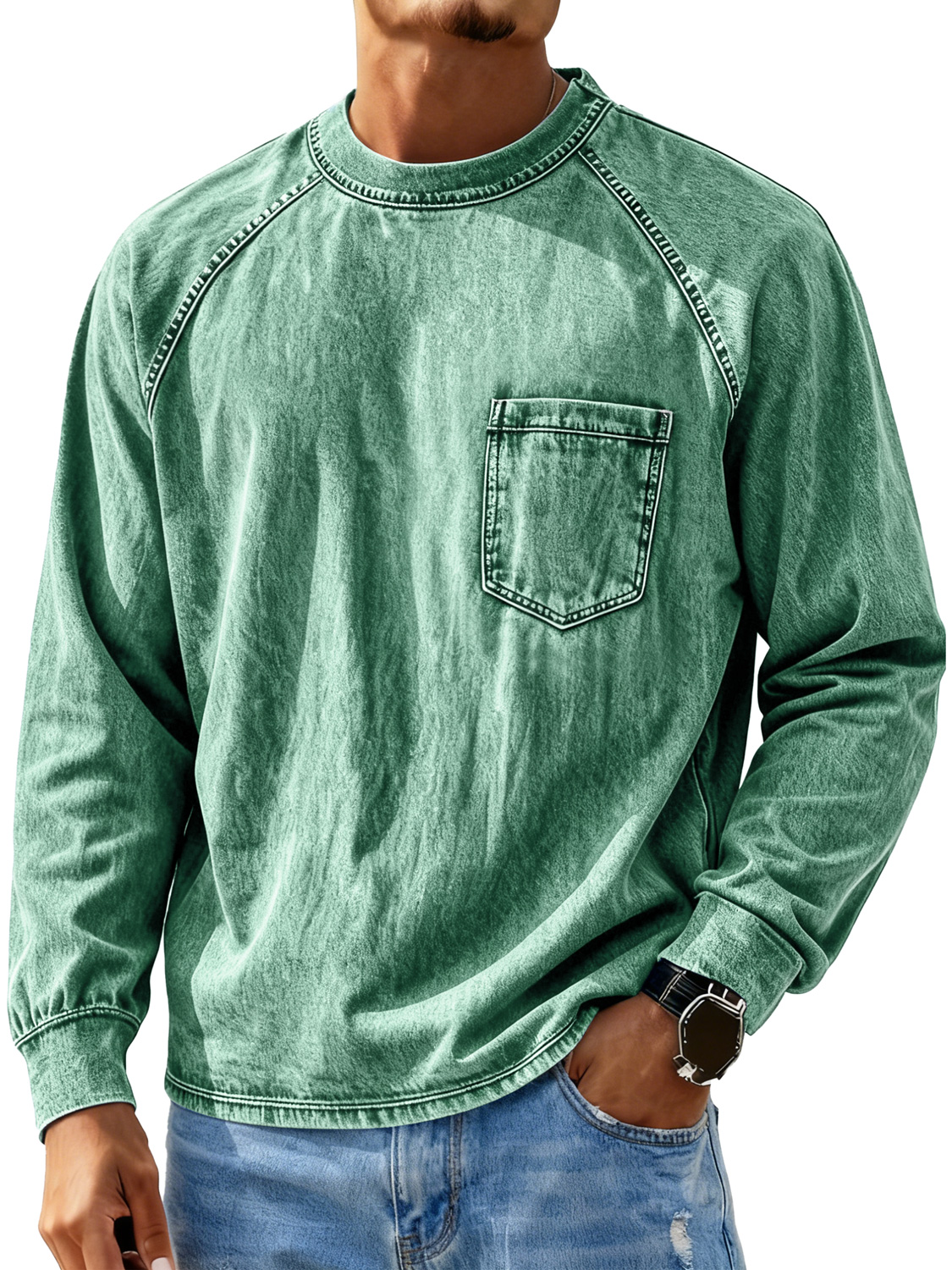 Men's Retro Crew Neck Raglan Casual Pocket Long Sleeve T-Shirt