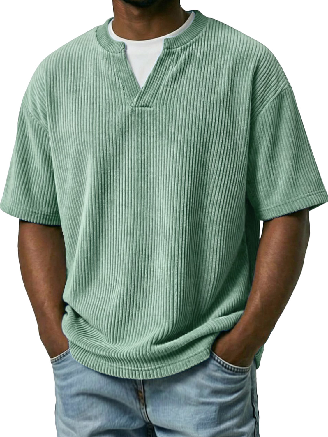 Men's Corduroy Faux Two-piece Double-collar Casual Short-sleeved T-shirt