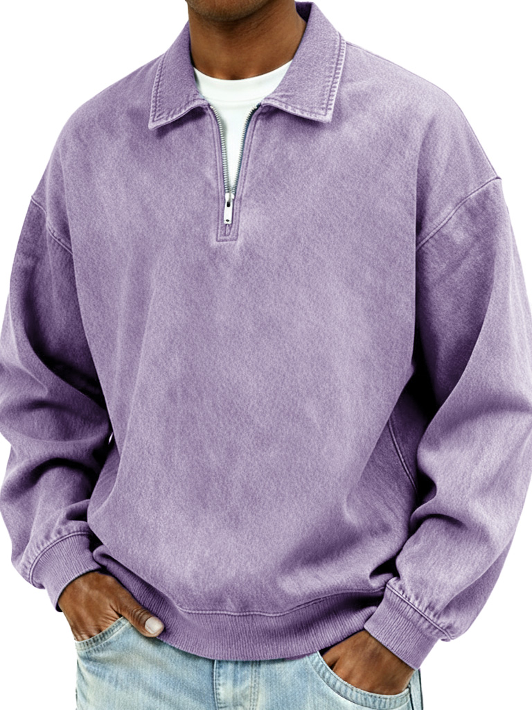 Men's Retro Fashion Distressed Collar Zipper Long-Sleeve Polo Shirt