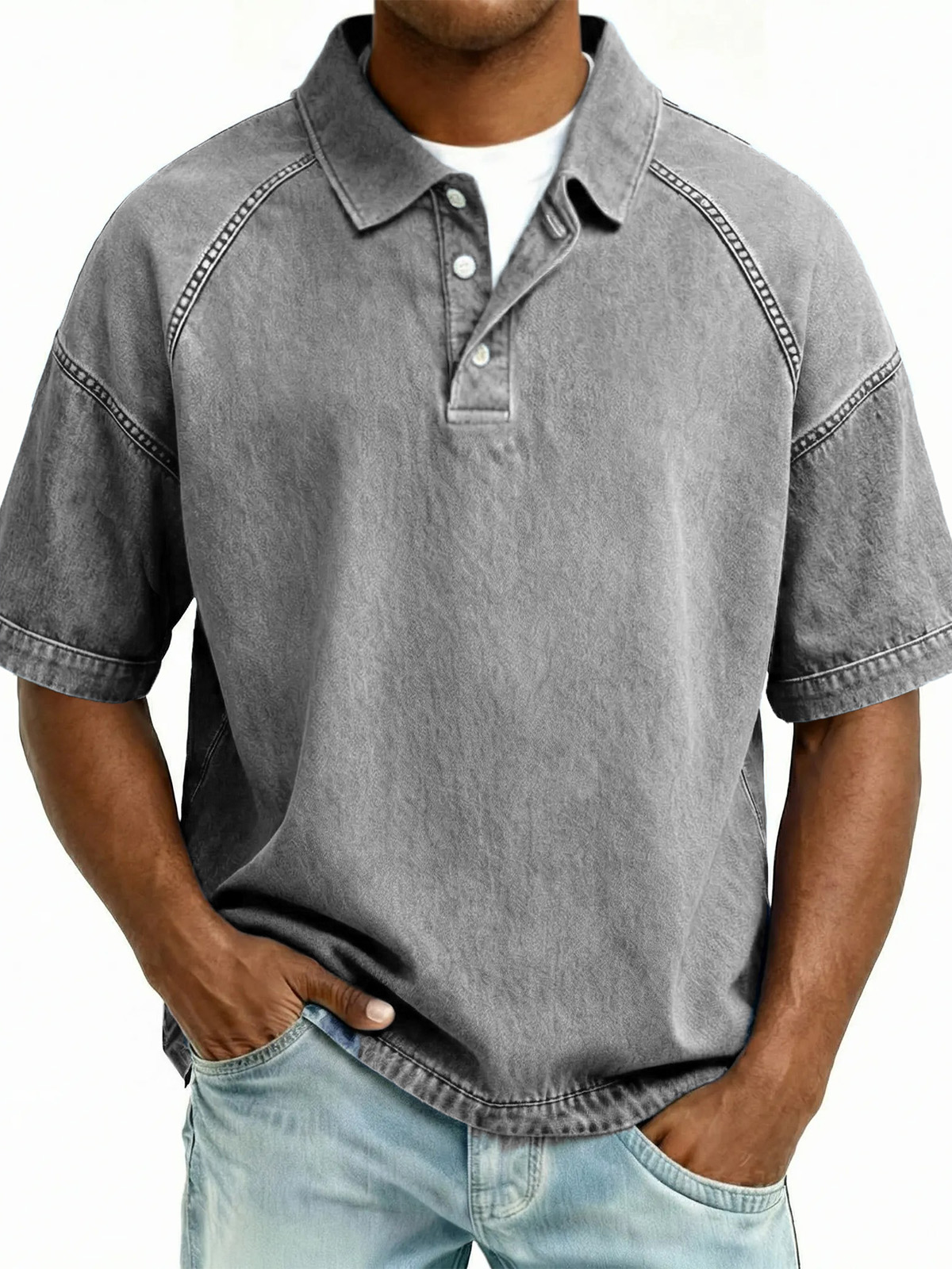 Men's Retro Distressed Raglan Short-Sleeve Polo Shirt