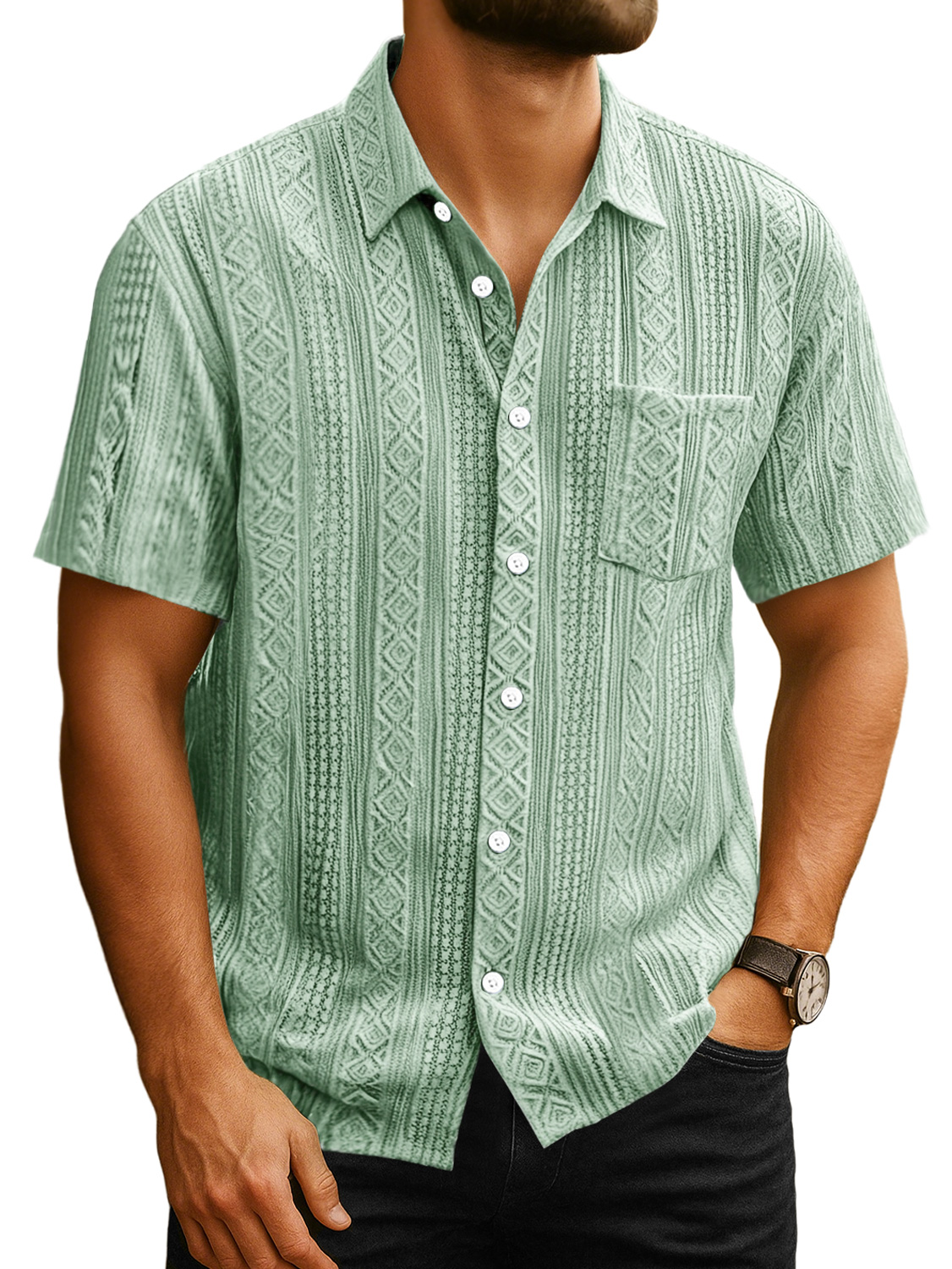 Men's Daily Casual Jacquard Texture Pocket Solid Color Short-sleeved Shirt