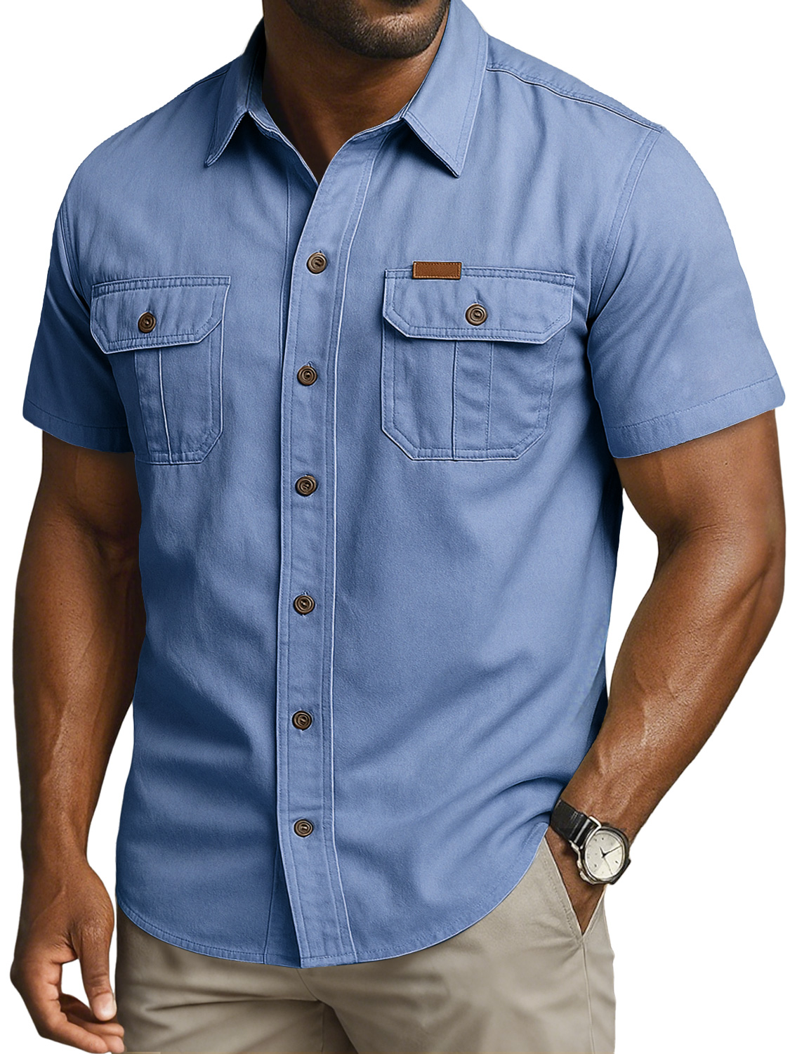 Men's Vintage Double Pocket Embroidered Leather Label Casual Work Shirt