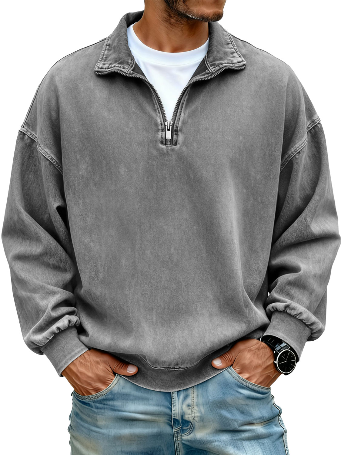 Men's Retro Stand Collar Zipper Casual Loose Sweatshirt