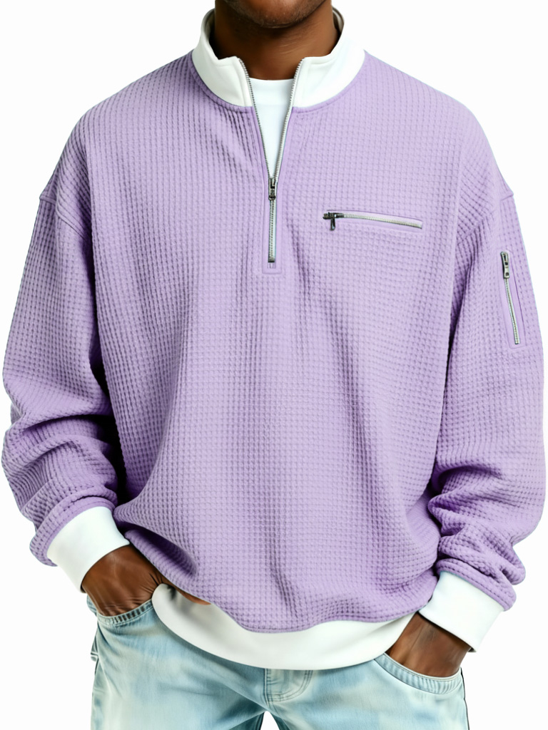 Men's Fashion Casual Patchwork Zipper Stand Collar Waffle Gown Long-Sleeve Top