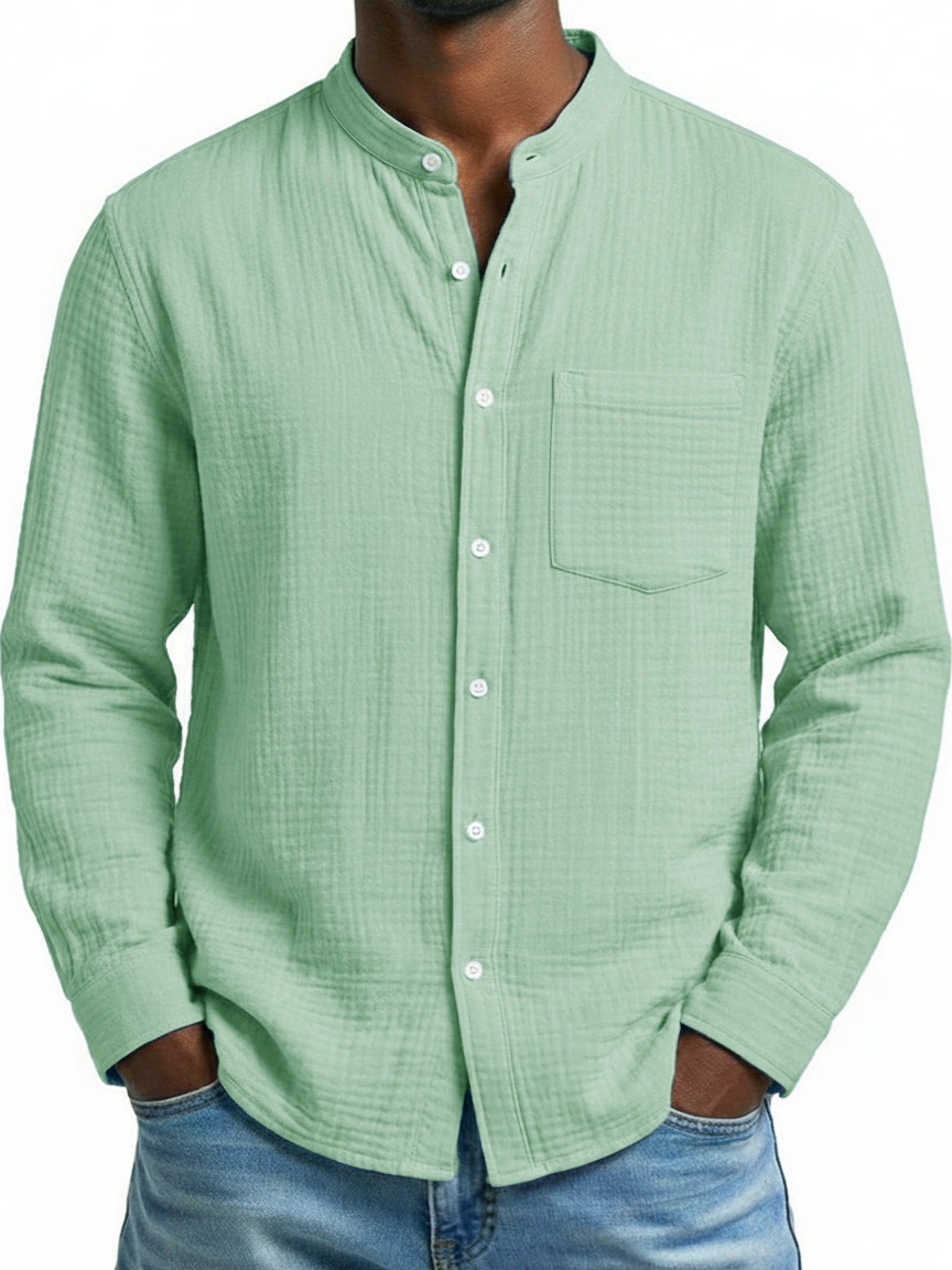 Men's Fashion Casual Retro Stand-Up Collar Pleated Fabric Long-Sleeve Shirt