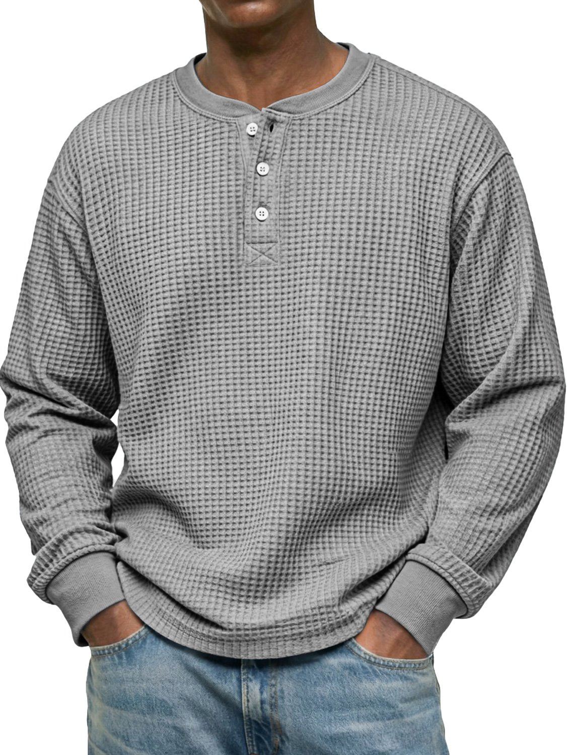 Men's Simple Waffle Casual Long-Sleeved Henley Shirt