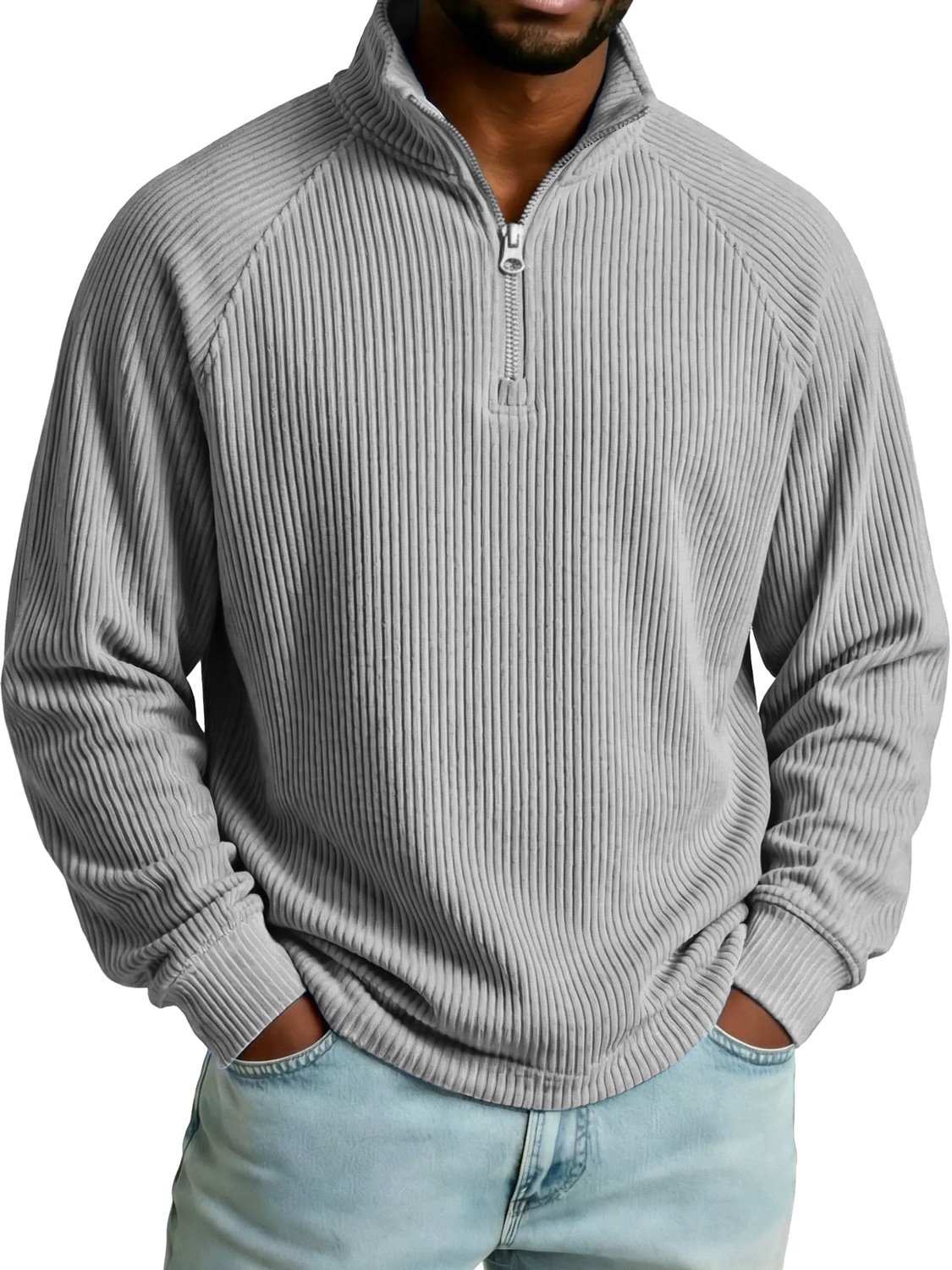 Men's Raglan Sleeve Ribbed Stand-collar Zip-up Casual Long-sleeved T-shirt