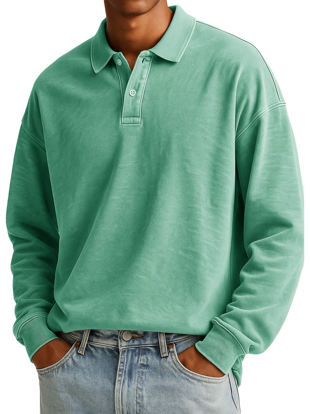  Men's Stylish Casual Padded Lapel Button-stitched Ribbed Long-sleeved Polo Shirt 