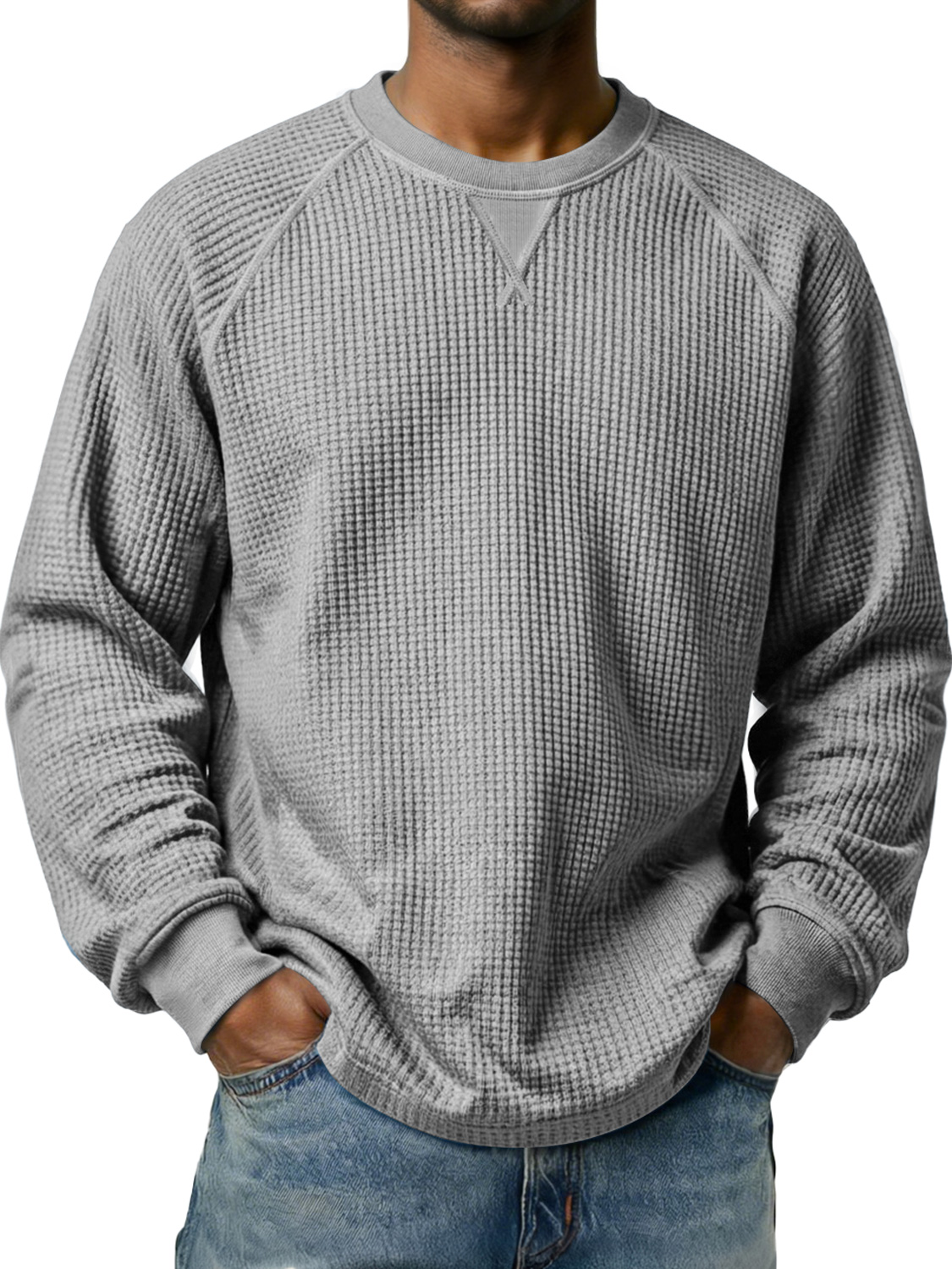 Men's Waffle-knit Raglan Sleeve Crew Neck Casual Long-sleeved T-shirt