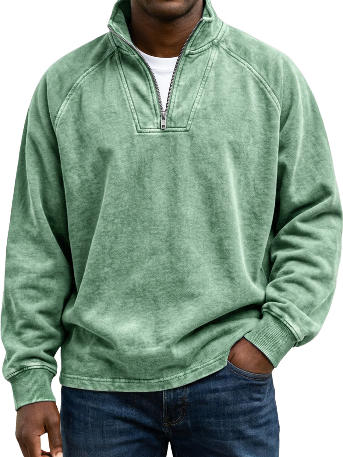 Men's Vintage Raglan Sleeve Stand-collar Zip-up Casual Long-sleeved Shirtt