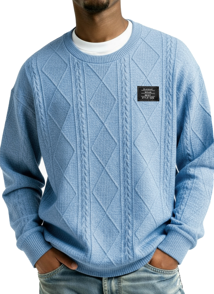 Men's Stylish Vintage Everyday Jacquard Fabric Embroidered Logo Long-sleeved Crew Neck Sweatshirt