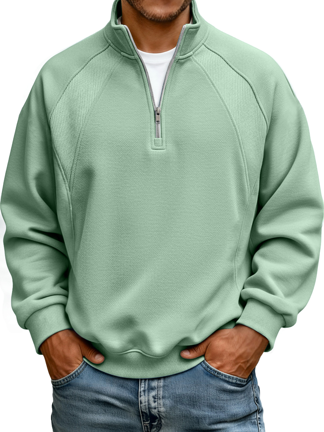 Men's Stand-up Collar Zippered Raglan Stitching Casual Sweatshirt