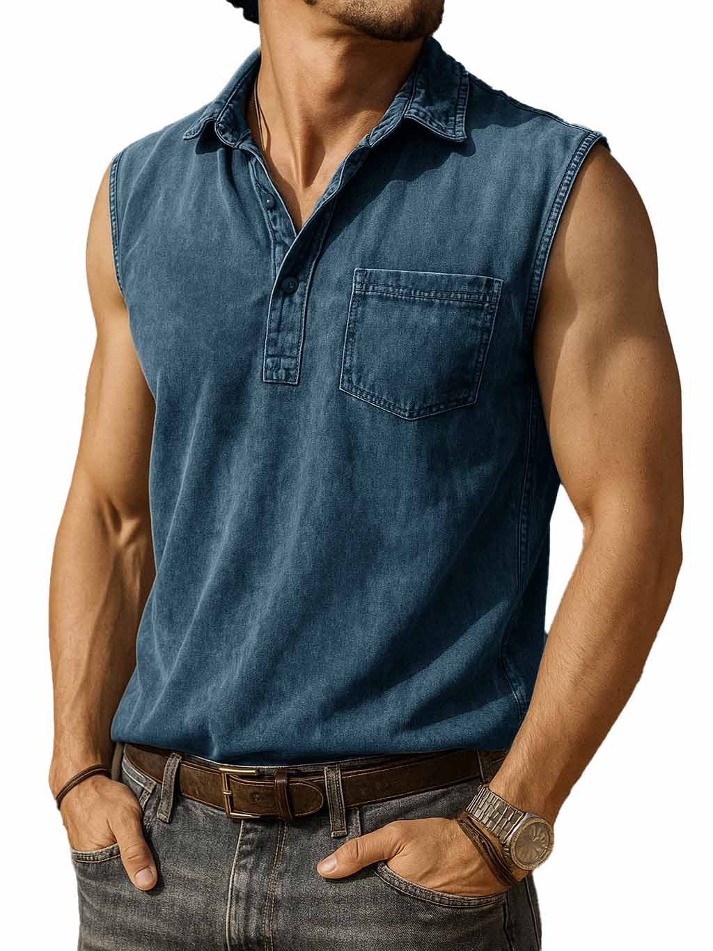 Men's Fashion Retro Distressed Pocket Lapel Sleeveless Polo Shirt 