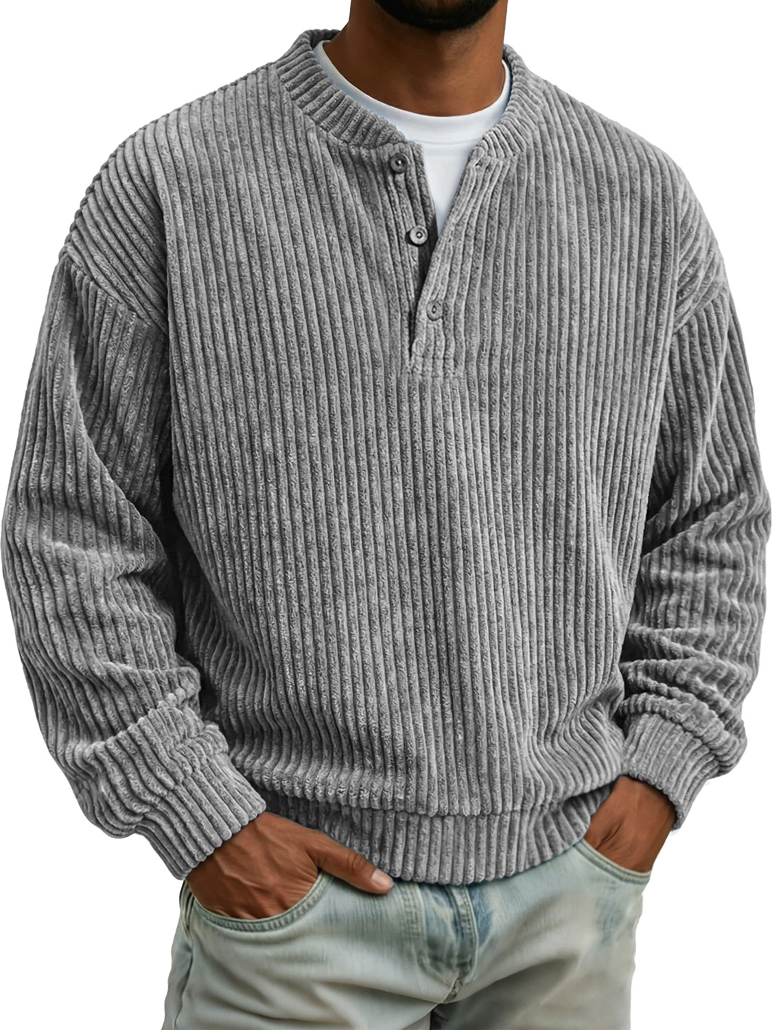 Men's Vintage Corduroy Solid Color Long-sleeved Henley Shirt