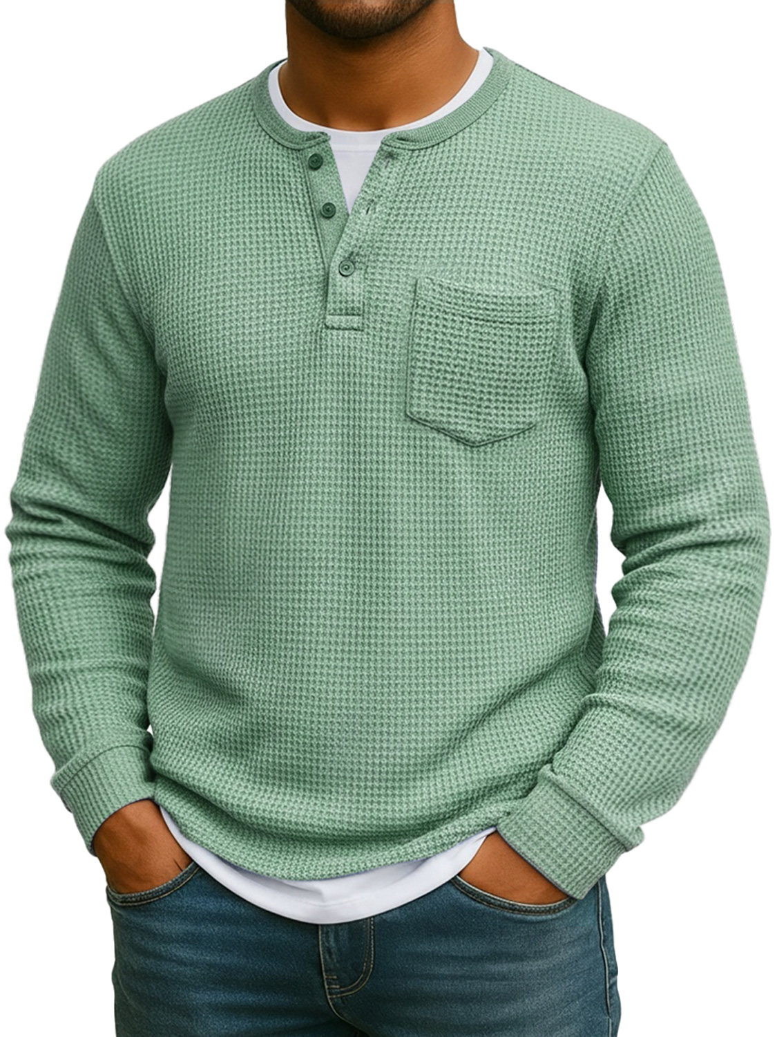 Men's Everyday Waffle Fake Two-Piece Casual Pocket Long Sleeve Henley Shirt