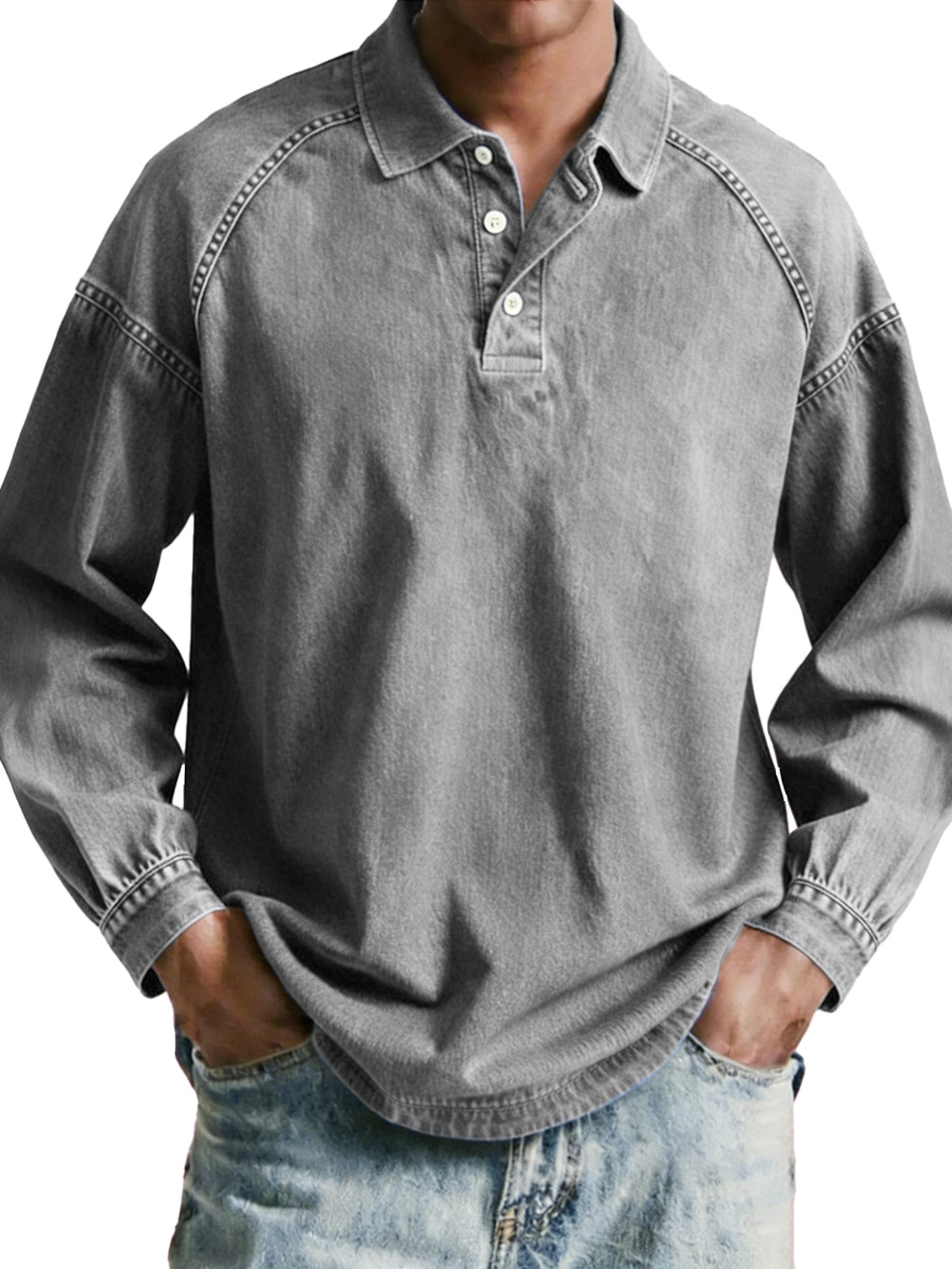 Men's wear, retro, retro, loose, raglan, long-sleeved polo shirt
