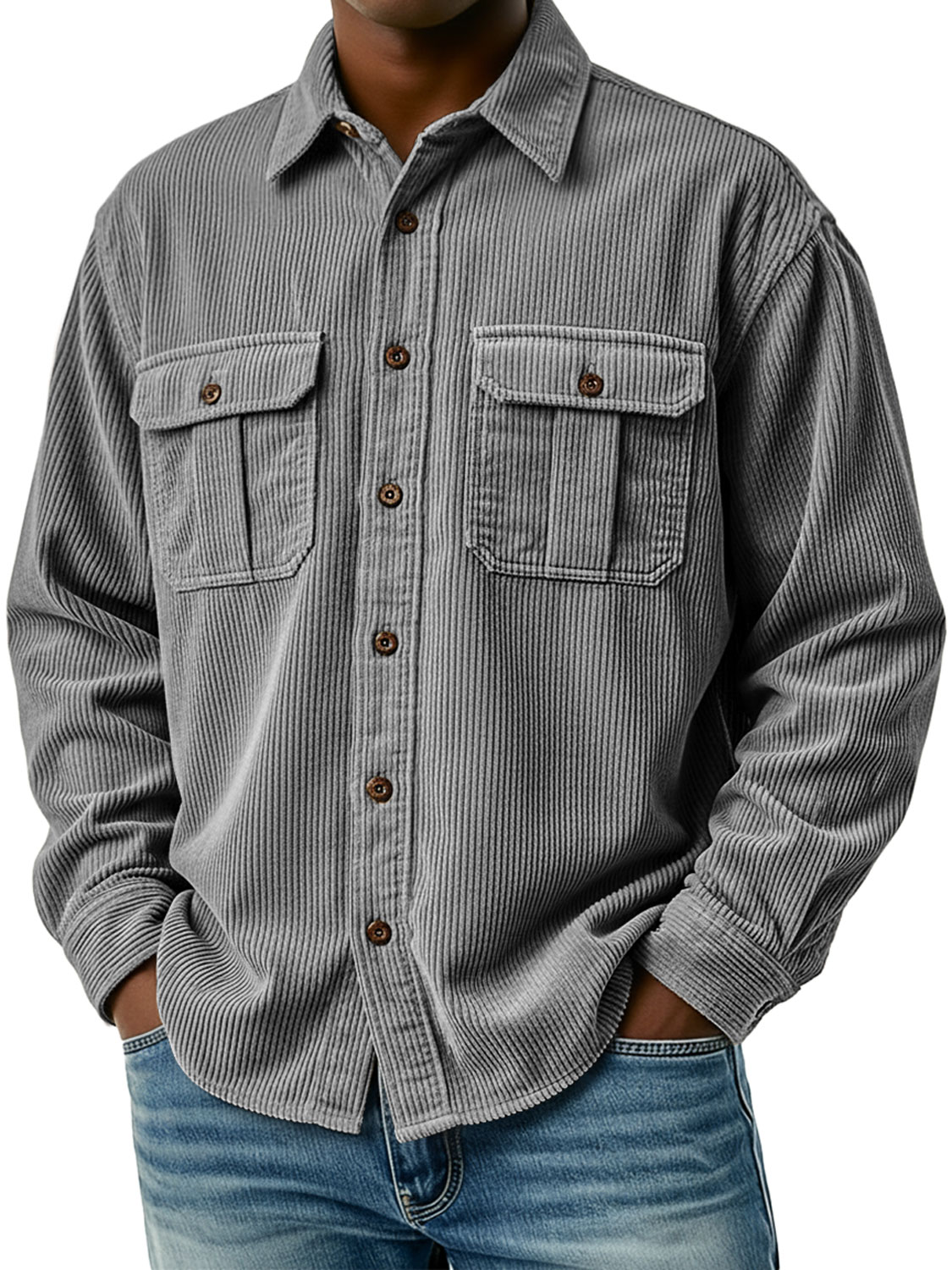 Men's Retro Corduroy Double Pocket Casual Long-Sleeve Work Shirt