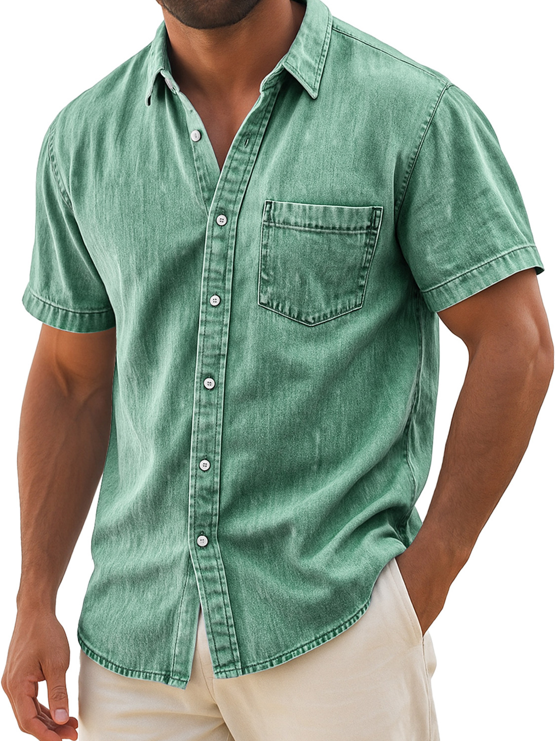 Men's Retro Casual Lapel Pocket Solid Color Short Sleeve Shirt