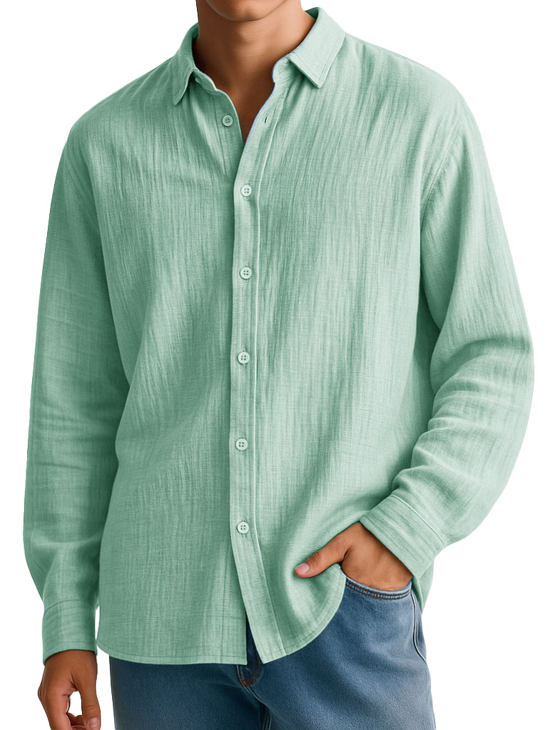 Men's Clothing Fashionable Casual Imitation Linen Fabric Long-sleeved Lapel Shirt