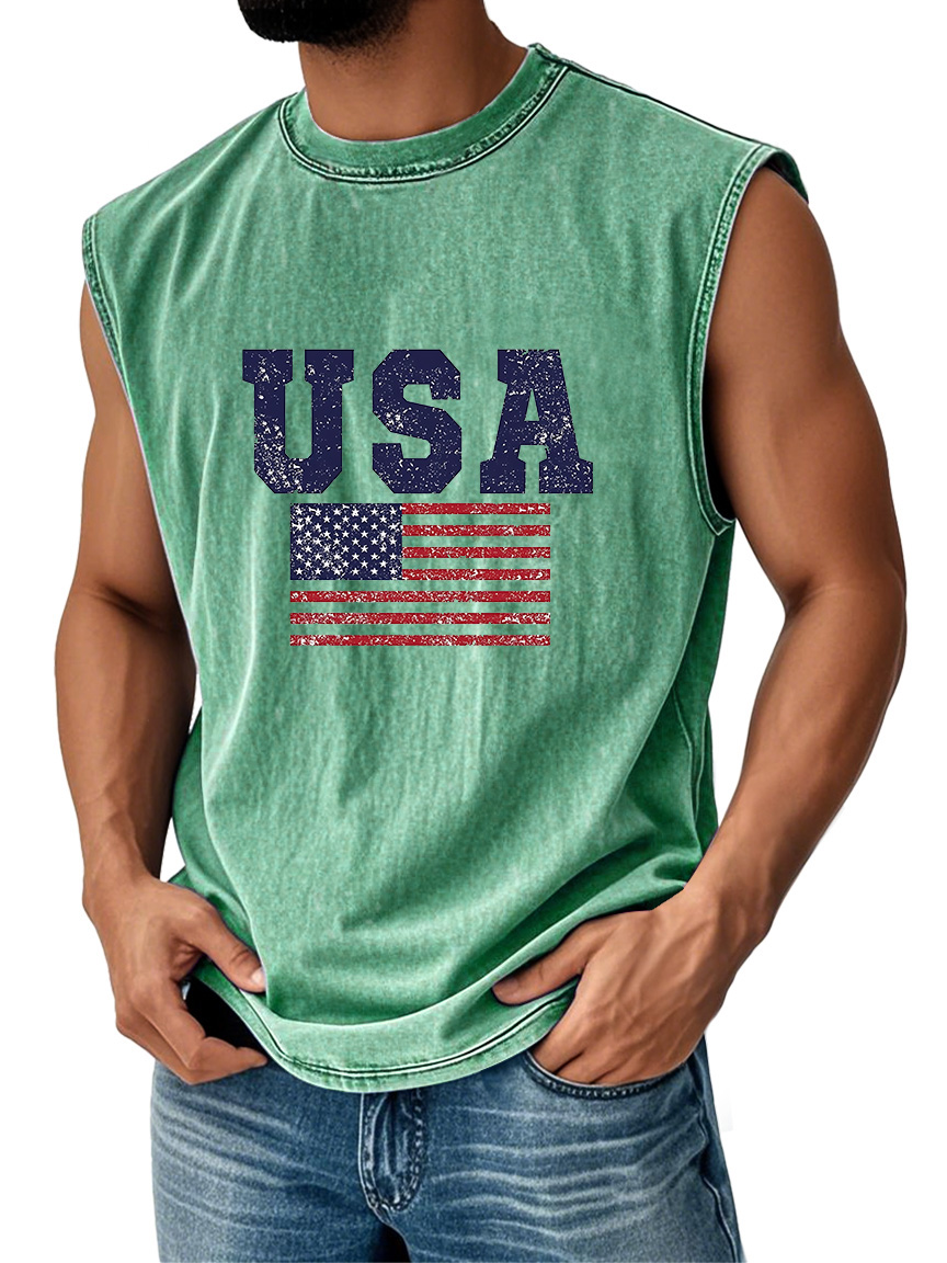 Men's Everyday Vintage American Independence Day Flag Printed Crew Neck Sleeveless Tank Top