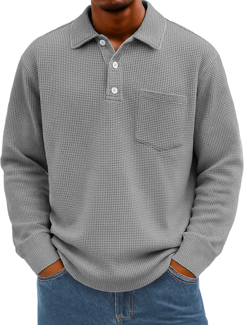 Men's Everyday Waffle Lapel Button Casual Pocket Long Sleeve Polo Shirt